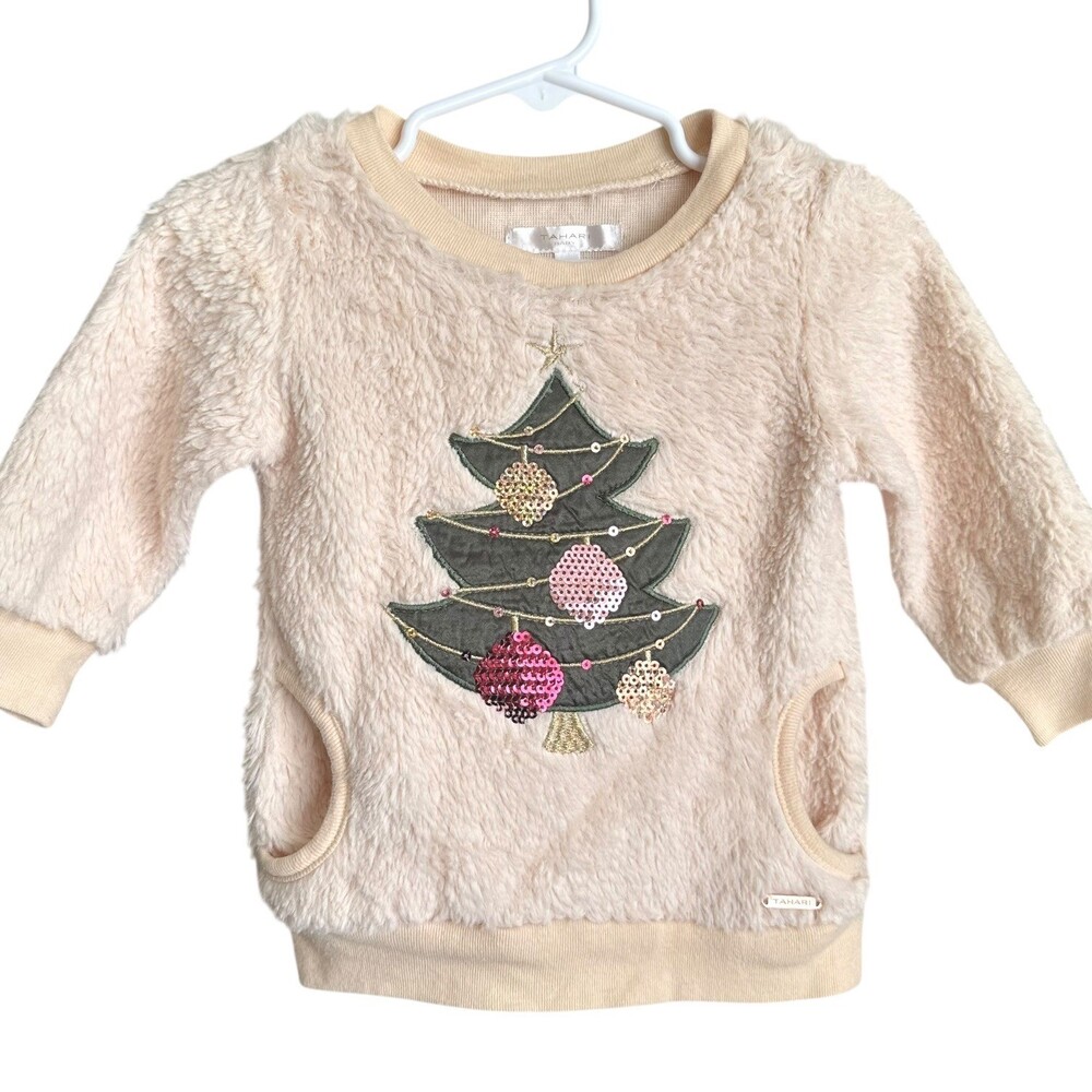Tahari Baby Christmas Tree Sequin Applique Fleece Pullover Sweater 18M